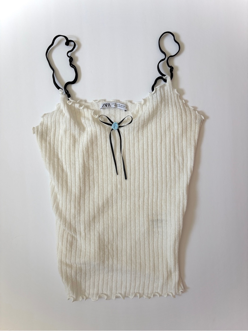 Zara White Ribbed Knit Rosette Camisole